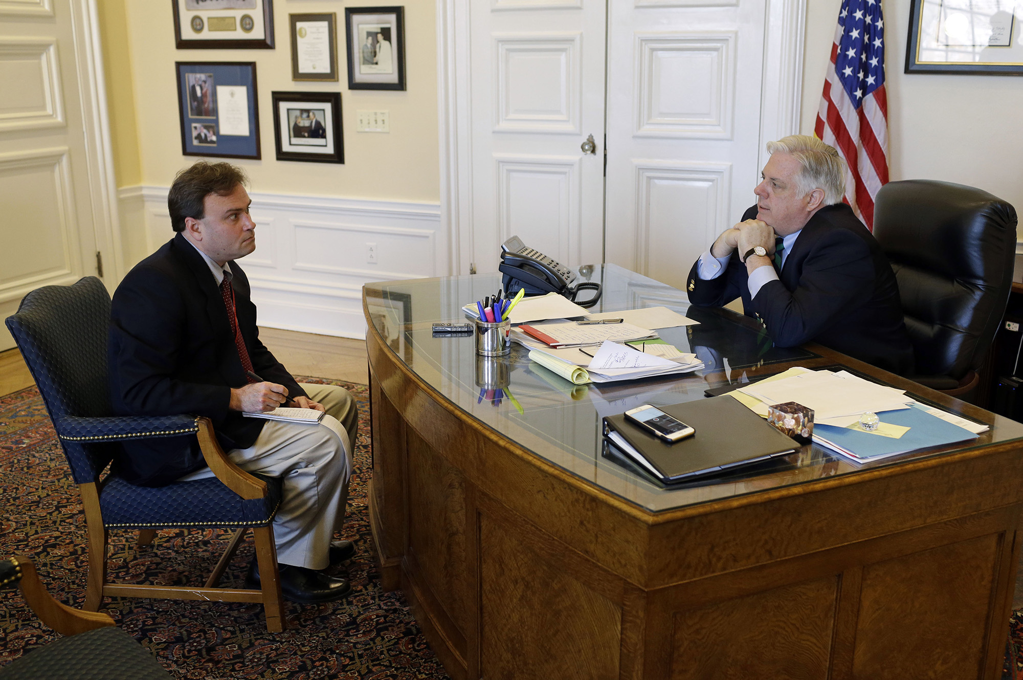 Statehouse correspondent Brian Witte, left, interviews Maryland Gov. Larry Hogan, April 6, 2015