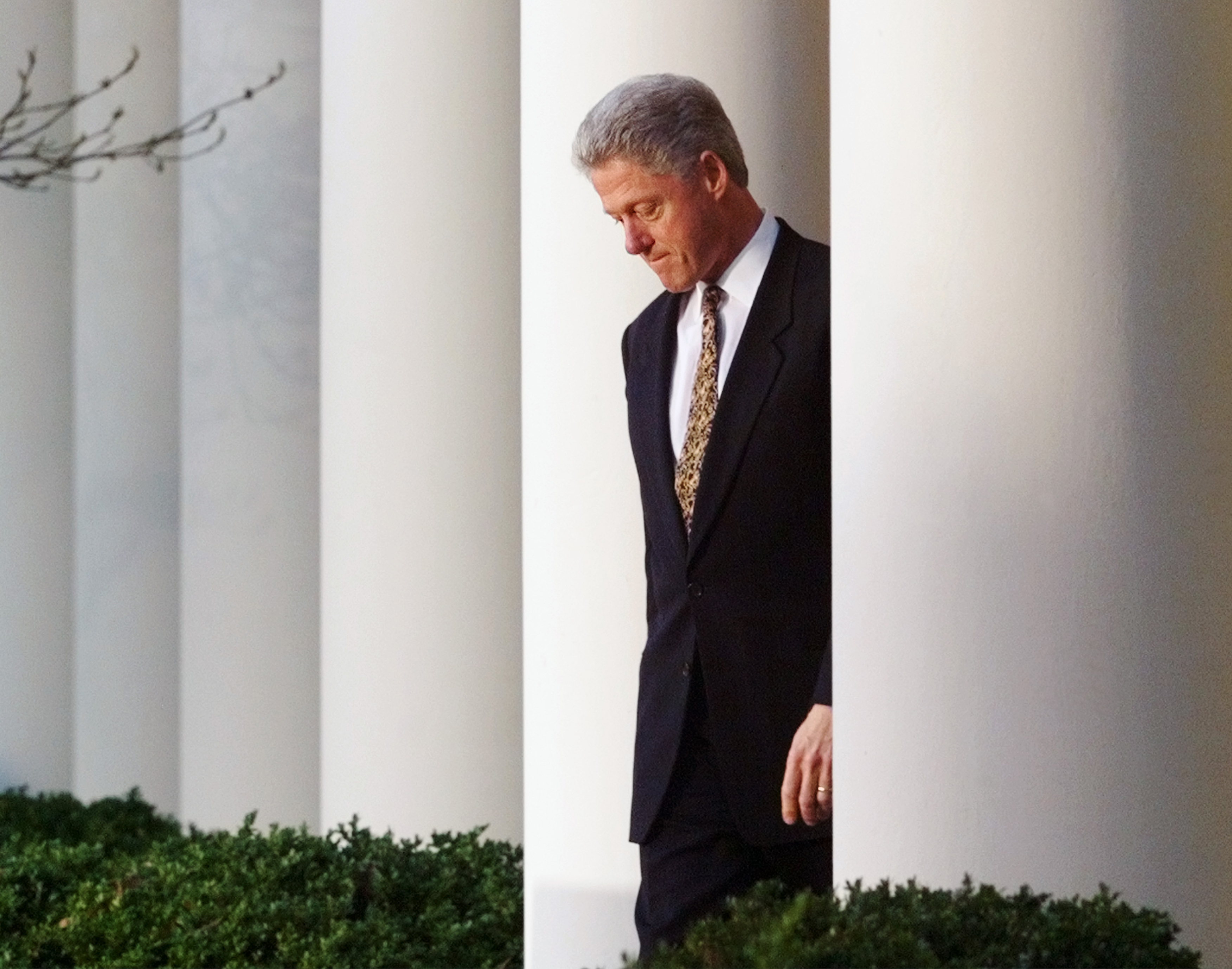 President Clinton walks to the podium in the White House Rose Garden to make a statement on the House impeachment inquiry on Dec. 11, 1998. The president apologized to the country for his conduct and offered to accept congressional censure. (AP Photo/J. Scott Applewhite)