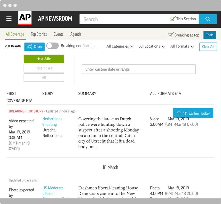 Coverage Plan dashboard on the AP Newsroom platform