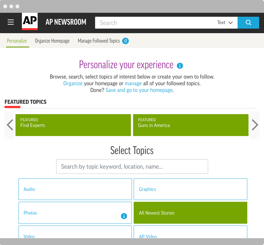 Personalization capabilities on AP Newsroom dashboard