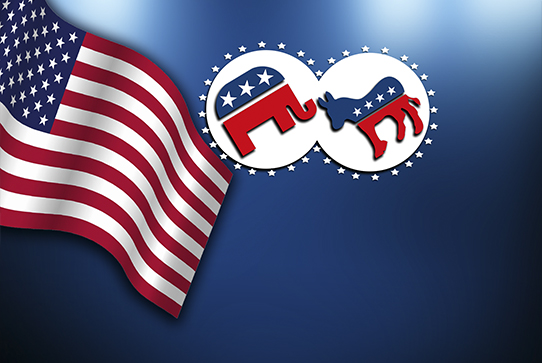 United States flag with Republican and Democratic party symbols